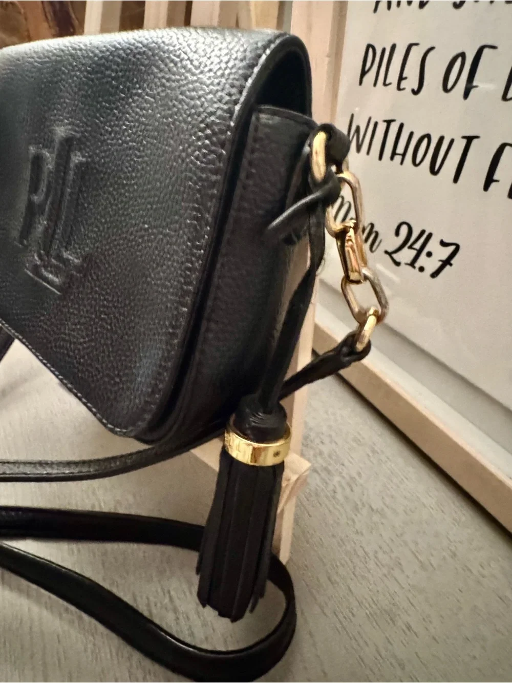 Lauren Ralph Lauren Black Pebbled Leather Crossbody Tassel Bag